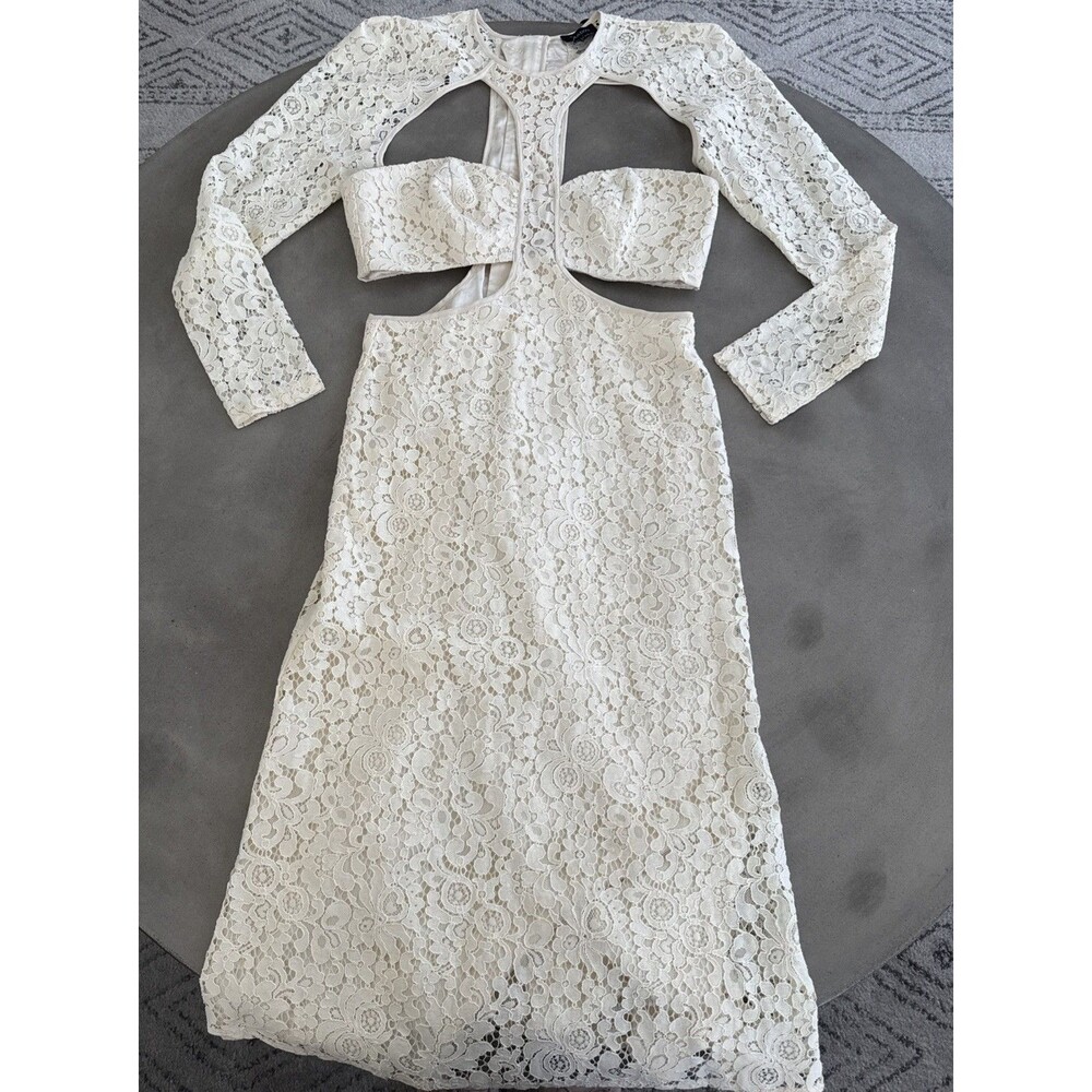 Bardot Cut Out Lace Dress Women 8 Oyster Long Sleeve Midi Cocktail - Picture 6 of 9